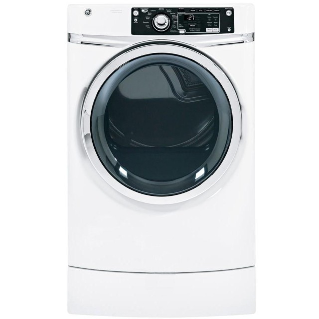GE GFDR270GHWW 8.1 cu. ft. Right Height Front Load Gas Dryer with Steam in White, Pedestal Included